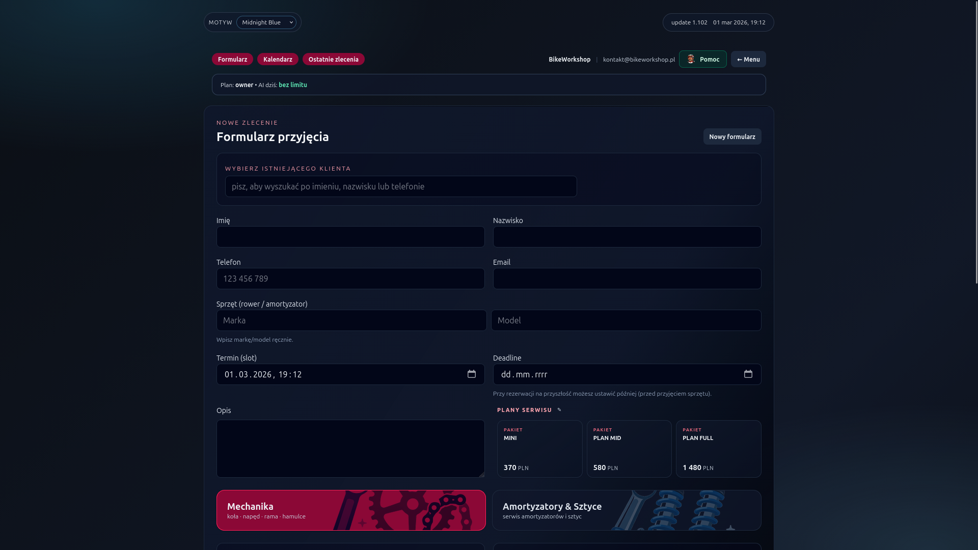 CrankDesk - formularz przyjecia zlecenia