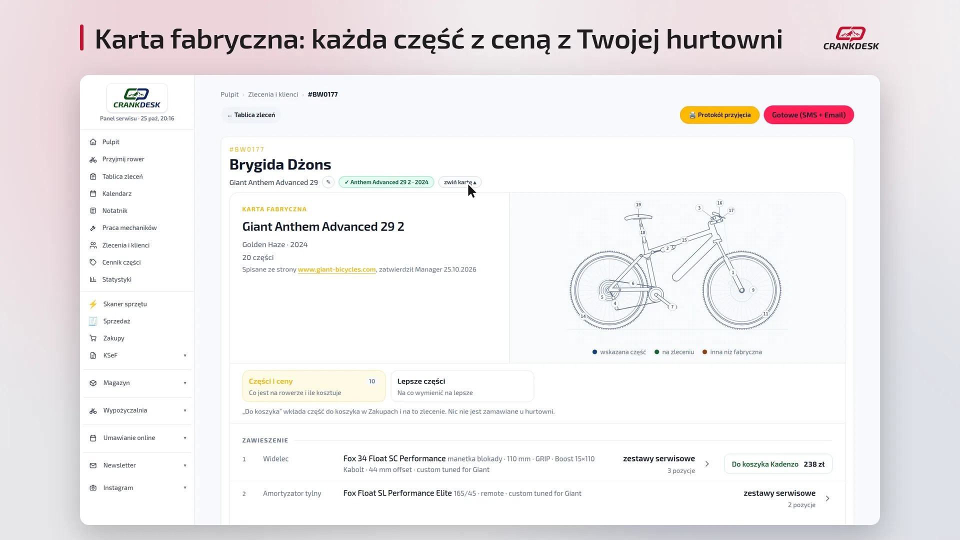 Kadr z filmu: Dobór części w CrankDesk — wersja roweru, karta fabryczna i hurtownia