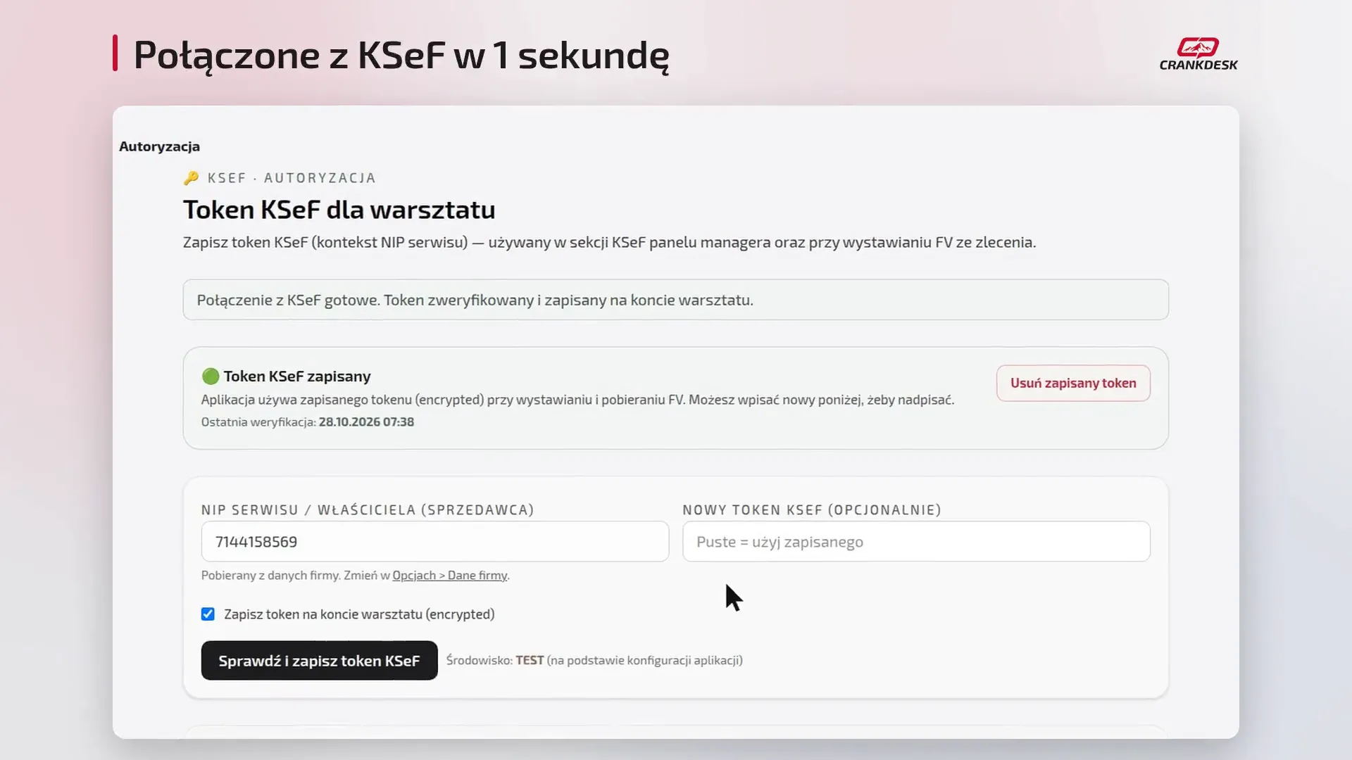Kadr z filmu: Podłącz KSeF w CrankDesk — token z Aplikacji Podatnika KSeF