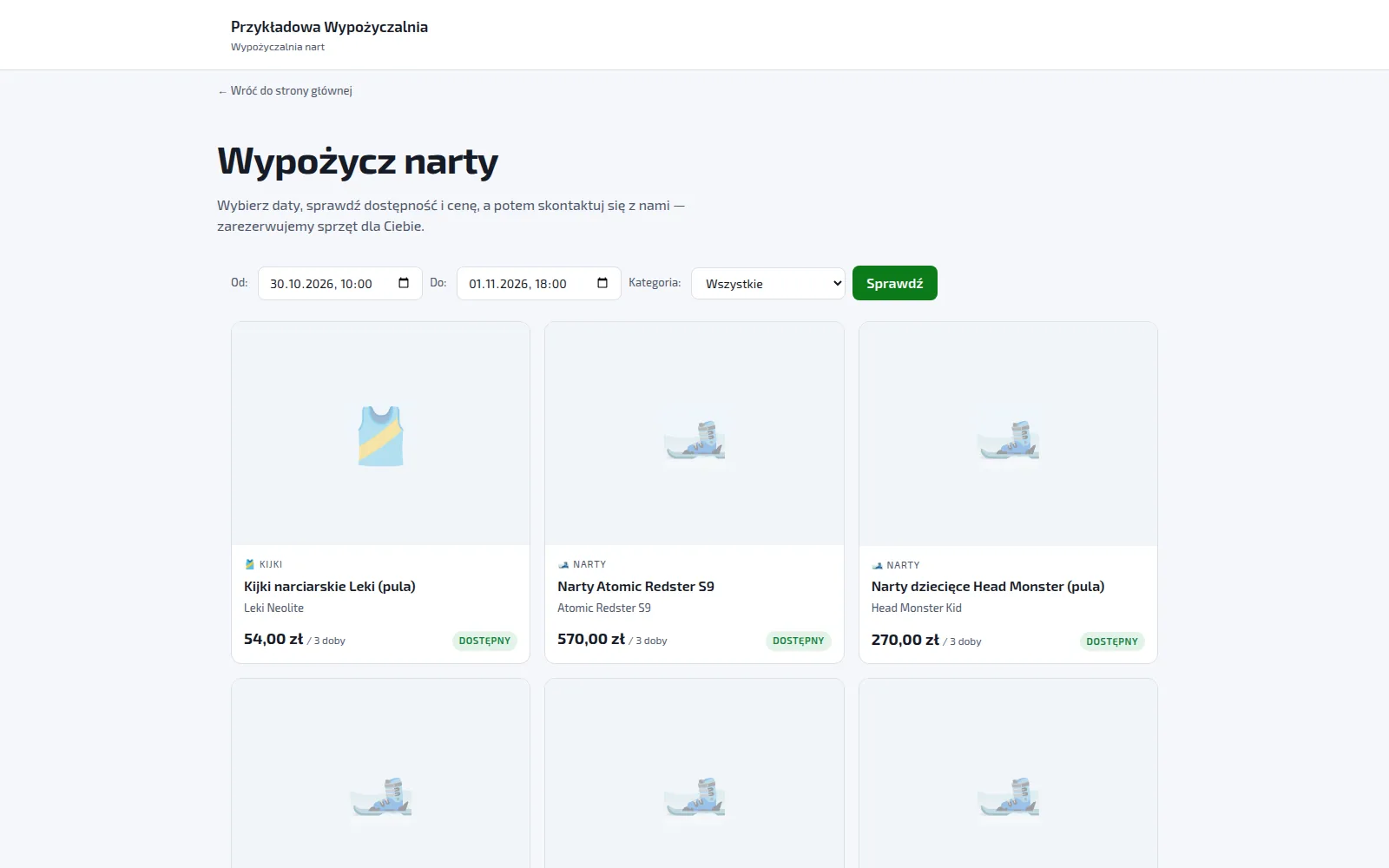 Publiczny katalog wypożyczalni nart — dostępność i cena za wybrany okres